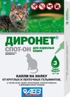 Капли против внешних и внутренних паразитов Диронет СПОТ-ОН для кошек 3 пипетки*1мл Капли против внешних и внутренних паразитов Диронет СПОТ-ОН для кошек 3 пипетки*1мл