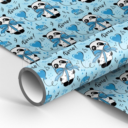 Упаковочная бумага 70*100см "PandaGift_Blue" 80г/м2 глянц. MESHU /Рельеф Упаковочная бумага 70*100см "PandaGift_Blue" 80г/м2 глянц. MESHU /Рельеф
